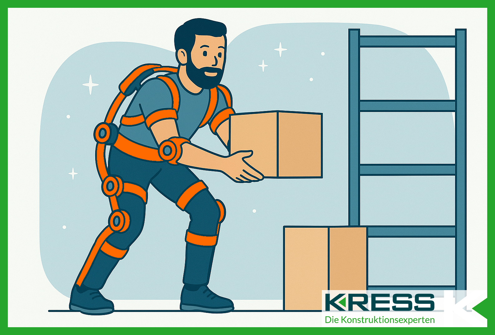 Mann mit Exoskelett hebt Karton in Lager – ergonomische Unterstützung durch Exoskelett beim Heben schwerer Lasten