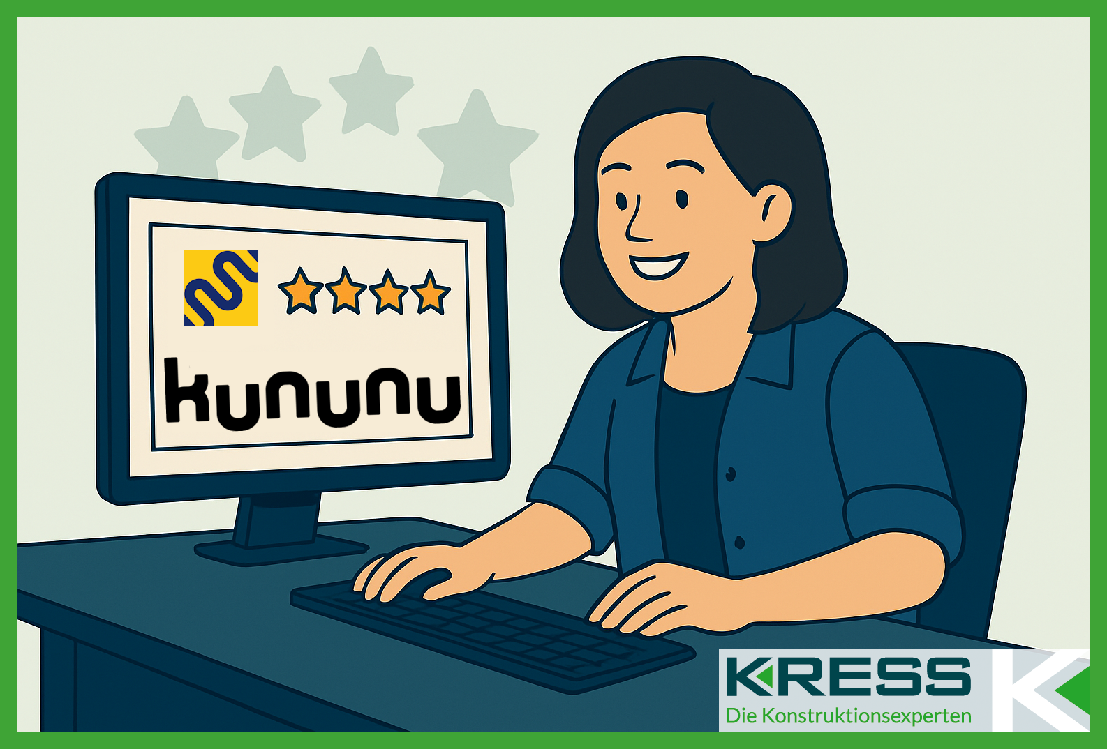 Illustration einer Person am Computer mit geöffneter kununu-Bewertungsseite, vier von fünf Sternen sichtbar.