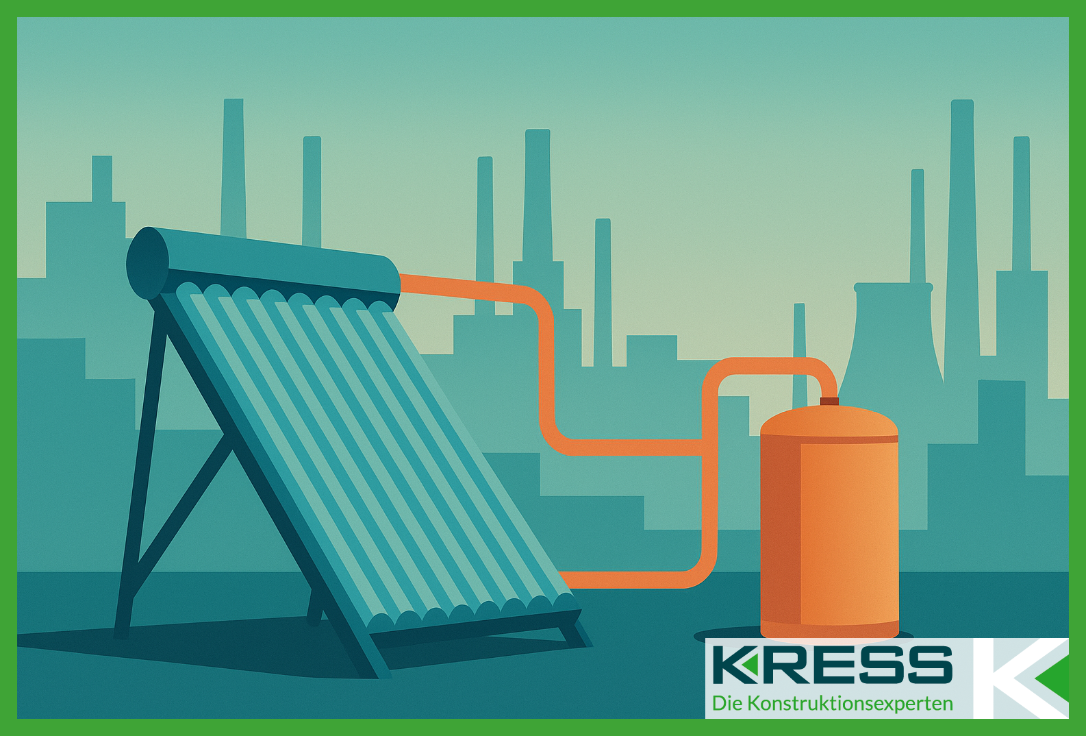 Illustration einer modernen Solarthermie-Anlage mit Sonnenkollektoren und Wärmespeicher. Im Vordergrund sind geneigte Röhrenkollektoren zu sehen, die über orangefarbene Leitungen mit einem Warmwasserspeicher verbunden sind. Im Hintergrund erkennt man stilisierte Industriegebäude und Schornsteine. Das Bild vermittelt den Einsatz erneuerbarer Energien in urbanen und industriellen Umgebungen.